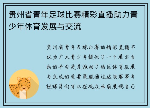 贵州省青年足球比赛精彩直播助力青少年体育发展与交流